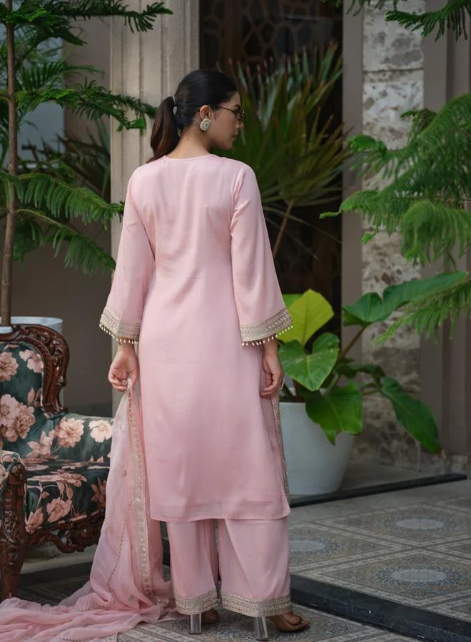 DW Women Floral Embroidered Straight Kurta and Palazzos with Dupatta Set